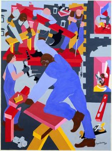 A brightly colored abstract painting depicts five construction site workers in denim coveralls, some with pink skin, some with brown skin, working at multiple building tasks. In the center of the foreground, a man with brown skin raises a hammer to pound a nail while leaning on a red-and-yellow sawhorse.