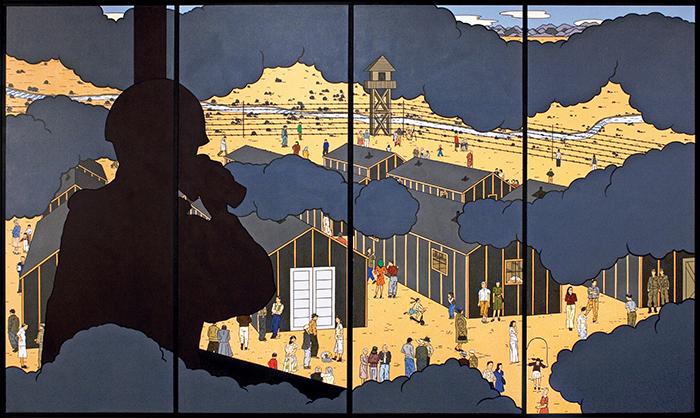 A 6-foot x 10-foot painting depicts a silhouetted guard, wearing a helmet, and using binoculars to observe tar-paper-covered buildings and people in a fenced, Japanese-American incarceration camp below. Three layers of dark clouds create undulating horizontal bands across the foreground, middle ground, and background.