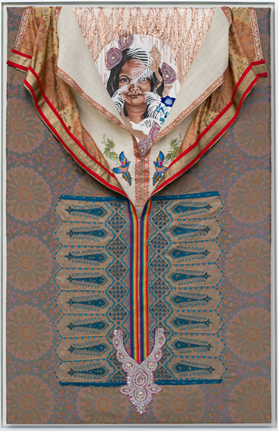 A painting of a woman's face with brown skin, dark eyes, and black hair, appears at the top of this vertically oriented artwork. The rest of the painting is obscured by two layers of patterned and embroidered fabric, pulled taut over the surface of the artwork. Each layer has a decorative zipper running vertically down its center. The zippers are partially unzipped from the top of the artwork creating two tiers of V-shaped openings, revealing the woman's face.