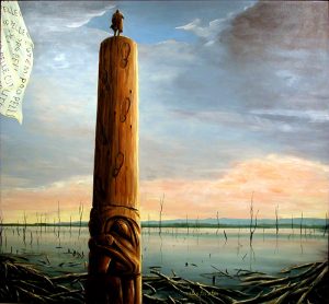 A painting depicts a lone man standing atop a large totem pole with a stylized beaver carving on its base and carved footprints leading up to the man. The figure overlooks a calm body of water with bare trees emerging from the water's surface in the background. Floating, fallen lumber gathers at the water’s edge in the foreground. A white flag repeating the Latin words PRO PELLE CUTEM appears in the top left corner of the artwork.