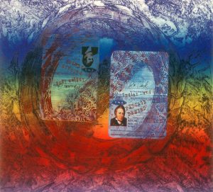The background of this print is a gradient of rainbow color overlaid by two, open, side-by-side passports at its center. The passports, one for Meriwether Lewis and the other for William Clark, are stamped "passage denied" and are partially obscured by the universal "no" symbol -- a red circle with a diagonal line.