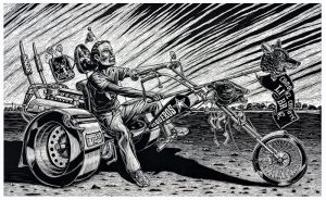 In this non-photorealistic, stylized black-and-white print, a man sits on a three-wheeled motorcycle with over-sized rear wheels and vertical tail pipes. He extends his right arm straight forward to hold a long, wooden rod topped with a coyote head and flag.