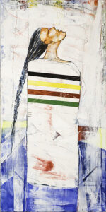 This painting depicts an abstract figure standing in profile with their head tilted back, red-orange face looking upward, and long, black, braided hair hanging down. The person is wearing a white blanket that has the recognizable set of Hudson's Bay stripes (indigo, yellow, red and green) horizontally wrapped across their chest. A rectangle of blue color fills the bottom third of the painting's background.