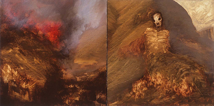 This painting depicts two scenes on individual panels. The left scene suggests a sloping hillside on fire with orange-and-red flames along with black smoke in the distance. In the center of the right scene is the head and torso of a skeleton with the legs buried in a smoldering mound and white smoke is seen in the distance.