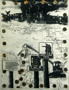 In the background of this etching is a map of the western half of the United States. Across the top are three, dark photographic scenes. Across the bottom are three signs on tree trunk posts. In the bottom right corner, a backhoe is dropping pennies that are distributed around the perimeter of the artwork.