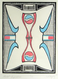 In this relief print, commercial logos in black outlines and filled-in with light-blue and light-red form the overall design. The composition is mirrored, top to bottom, and left to right. The rectangular design is surrounded by a thick black border. Pepsi logos, Nike swooshes, and Tommy Hilfiger logos are seen throughout.