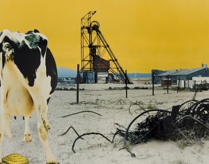 A bright, yellow sky forms the background for this print of a rural scene. A tall, industrial structure, constructed of thin bars, is centered on the horizon. A black-and-white cow stands in the left foreground, with its backend facing us.