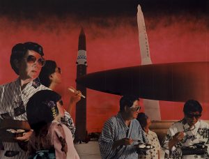 With a red-and-black sky background, this layered print depicts two groups of three people with black hair wearing sun glasses, with some holding bowls of food and eating utensils. One person in each group is looking back toward two, tall, rocket-shaped objects in the distance.