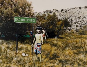 A collaged photograph depicts a dry desert landscape with tall, sagebrush bushes and a rocky hill. A child with short, black hair, in swim trunks stands next to a green highway sign that reads “Radium Springs.” Two people in swimsuits and a small dog stand behind him.