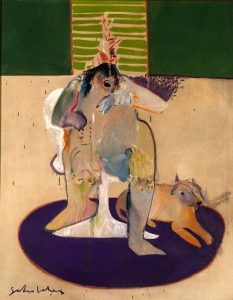 In this painting, formatted like a collage, the outline of an abstract human form with dark hair sits on a white chair with a flared base, atop a dark purple, oval rug. An orange colored, four-legged animal lies on the rug to the figure’s left. A band of alternating light-and-dark-green rectangles fills the top one-quarter of the painting.
