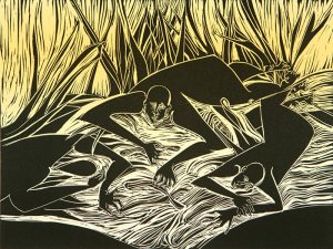 A black-and-pale-yellow print depicts four silhouetted figures, crawling on the ground, foraging for earthworms in the grass. In the background, long, tall grass extends to the top of the artwork.