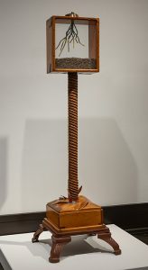A wood-framed box with opposing glass sides sits at a height of 5 feet on an attached wooden pole with four-legged base. Visible inside the box, a green root-shaped structure hangs from the top over a bed of brown wood shavings.