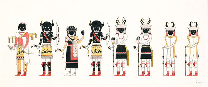 An illustration of eight figures standing side-by-side, wearing black face coverings and a variety of ceremonial clothing including headdresses with horns and antlers, skirts and fringed footwear.
