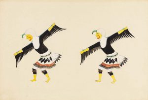 An illustration of two figures standing side-by-side bent forward from the waist with outstretched arms, mimicking a bird in flight. They wear identical costumes with yellow face coverings, white head coverings, skirts with tail feathers, and black feathers hang from their arms.