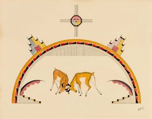 An illustration depicts two, horned antelopes butting heads under a deep yellow arch with a circular form hovering above. Sets of stairs, one on each side, are positioned beneath leading up to the arch. Two temple-shaped structures, one on each side, rest on the arch and lean outward.