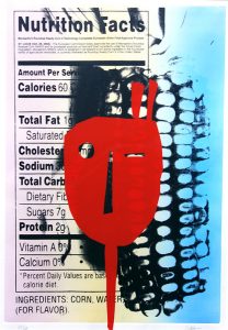 A screen print depicts a bright, red mask in its center with a long, thin handle that extends to the bottom edge. Printed in black in the background is a nutrition label and a stencilled cob of corn.