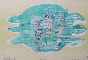 This print centers on a large turquoise turtle shape with a light lavendar outline. Three barely visible figures on the shell, shown in red-and-blue, appear to be holding rods. There are squiggly lines in each of the print's four corners.