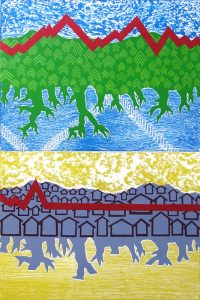The background of this print is vertically divided in half with blue at the top and yellow at the bottom. Depicted over each background color, is a hillside shape with roots underneath. The top shape is green with trees, and the bottom shape is purple with the black outline of houses. A bold, red line cuts across each hillside like a heart rate monitor. In the top section, the line is jagged. The bottom line begins jagged but immediately transitions to being flat.
