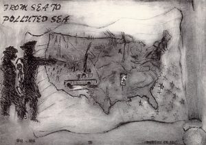 On the darkly smudged background of this print is a map of the United States containing sketched images of oil rigs, tree stumps, and a chimney with smoke. Beneath the map is an upside-down American flag. Two figures on our left point at the map. A phrase in the upper left corner reads “from sea to polluted sea.”