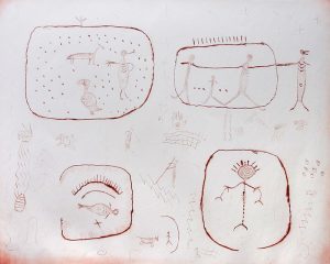 This etching of drawings in red-brown ink on a white background is organized into four sections and shows stick-figure humans interacting with animals and one another. In each quadrant, there is one roughly encircled area with figures or symbols drawn inside. Small, faint, symbols are drawn outside the circled areas.