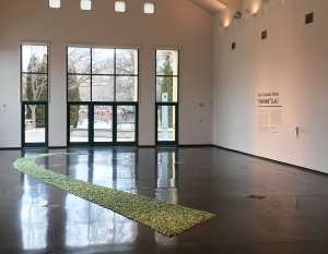 A dense layer of green candies forms a curved path on the reflective, grey cement floor of a spacious gallery with white walls and large windows.