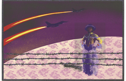 A cowboy dressed in a yellow western shirt and purple hat and chaps stands with his hands on his hips, looking at the viewer. He is standing on a curved surface covered in a purple lace pattern. Behind him on the left, two aircraft fly in an arc across the purple sky, with trailing yellow and red streaks. In the foreground, three strands of barbed wire run horizontally across the lower half of the image.