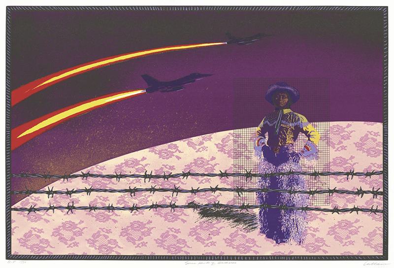 A cowboy dressed in a yellow western shirt and purple hat and chaps stands with his hands on his hips, looking at the viewer. He is standing on a curved surface covered in a purple lace pattern. Behind him on the left, two aircraft fly in an arc across the purple sky, with trailing yellow and red streaks. In the foreground, three strands of barbed wire run horizontally across the lower half of the image.