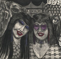 An illustration depicts two women with long, dark hair in the foreground, visible from the chest up. The woman on the left is leaning her head against the head of the other. They are wearing patterned shirts and long earrings, and one is wearing a beaded necklace and heart-shaped sunglasses. The image is mostly black and white, with red and purple accents added to the women’s lips, jewelry, eyelids and sunglasses.