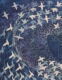 The silhouettes of dozens of birds in flight appear on this dyed fabric artwork. The birds are cream and shades of blue against a dark blue background. The birds are flying in an arc from the bottom edge to the upper right, with numerous white dashed lines tracing their paths.