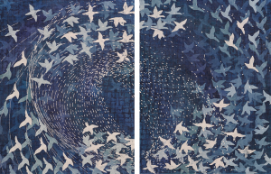 The silhouettes of hundreds of birds in flight appear on this dyed fabric artwork on two side-by-side panels. The birds are cream and shades of blue against a dark blue background. They are flying in a circle, moving clockwise, with numerous white dashed lines tracing their paths.
