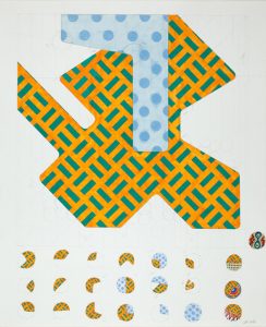 An abstract drawing prominently features a large, yellow, irregular geometric shape that is filled with a design of green equals-signs arranged in a diagonal alternating pattern. A large, light-blue upside-down capital L-shape filled in with blue polka-dots overlaps the yellow shape along the top, middle of the paper. In the lower third of the page are three rows of small circles containing pieces of the patterns seen in the larger shapes above. Faint notes in pencil are seen throughout.