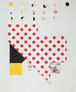 In this pencil and acrylic paint plan for a larger artwork, a geometric, abstract shape, filled with red polka-dots on a white background, covers most of the bottom three-quarters of the paper. The lower left side of the shape slants down and right at a 45-degree diagonal. To the left of the diagonal edge is a smaller black geometric shape. Below the black shape is a yellow square. Along the top of the plan are three rows of circles filled with patterns and colors that match the overall drawing, with notations about sizes and quantities.