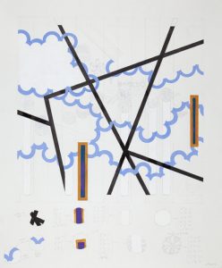 This plan for a larger work of art is drawn in pencil on top of a grid of vertical lines, with black, blue, white, and mustard painted elements. Light-blue, curving cloud-like outlines are layered on top of and underneath six straight black lines that intersect to create varied angles and shapes. Four narrow, vertical, dark-blue rectangles, framed by mustard lines, are drawn on top of the blue and black lines—one is centered on the right side of the paper, and three appear in the lower left quarter of the page. At the bottom of the page, there are two rows of circles with notes and numbers penciled inside.