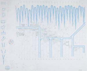 A single light blue line creates the jagged outline of dozens of wavy downward pointed spikes, resembling icicles, across the top of a pencil and acrylic paint drawing. The icicle shapes are equally spaced along a grid of vertical lines in the background and extend down a third of the grid’s height. In the lower portion, light blue parallel lines trace a connected grid of horizontal and vertical lines. A trail of faintly patterned circles moves diagonally from the middle of the left edge to the lower right. In the left margin are circles containing details from the drawing along with handwritten notes.