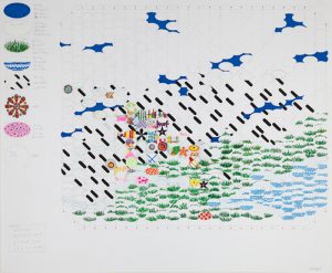 Hundreds of ovals are drawn on a grid of vertical lines connected to upper and lower bracket shapes in this plan for a larger work of art. Sparse areas of blue acrylic paint in the upper half of the grid suggest sky peeking through clouds. A series of short, diagonal black lines appear through the center, and the lower portion contains groupings of bright floral patterns, green grass imagery, and light blue waves. Larger ovals and circles appear in a column to the left and contain close-up views of the patterns and imagery seen in the grid. Handwritten notes about sizes and quantities are written next to each shape.