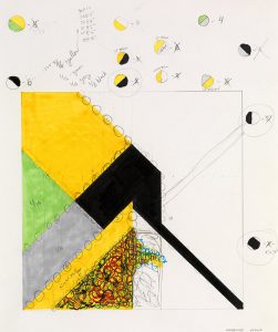 A large square-outline drawn in pencil contains a sketch of an artwork plan. The right side of the square is mostly paper, and the left side is made up of irregular, interlocking geometric shapes in yellow, light green, gray, and black, as well as one triangle filled with multi-colored, scribbled circles. The black shape begins near the center of the square, with a thick, straight line extending diagonally to the lower right corner. At the top are unevenly spaced circles filled with the same colors as the drawing below, with numbers and color names written in pencil near each circle.