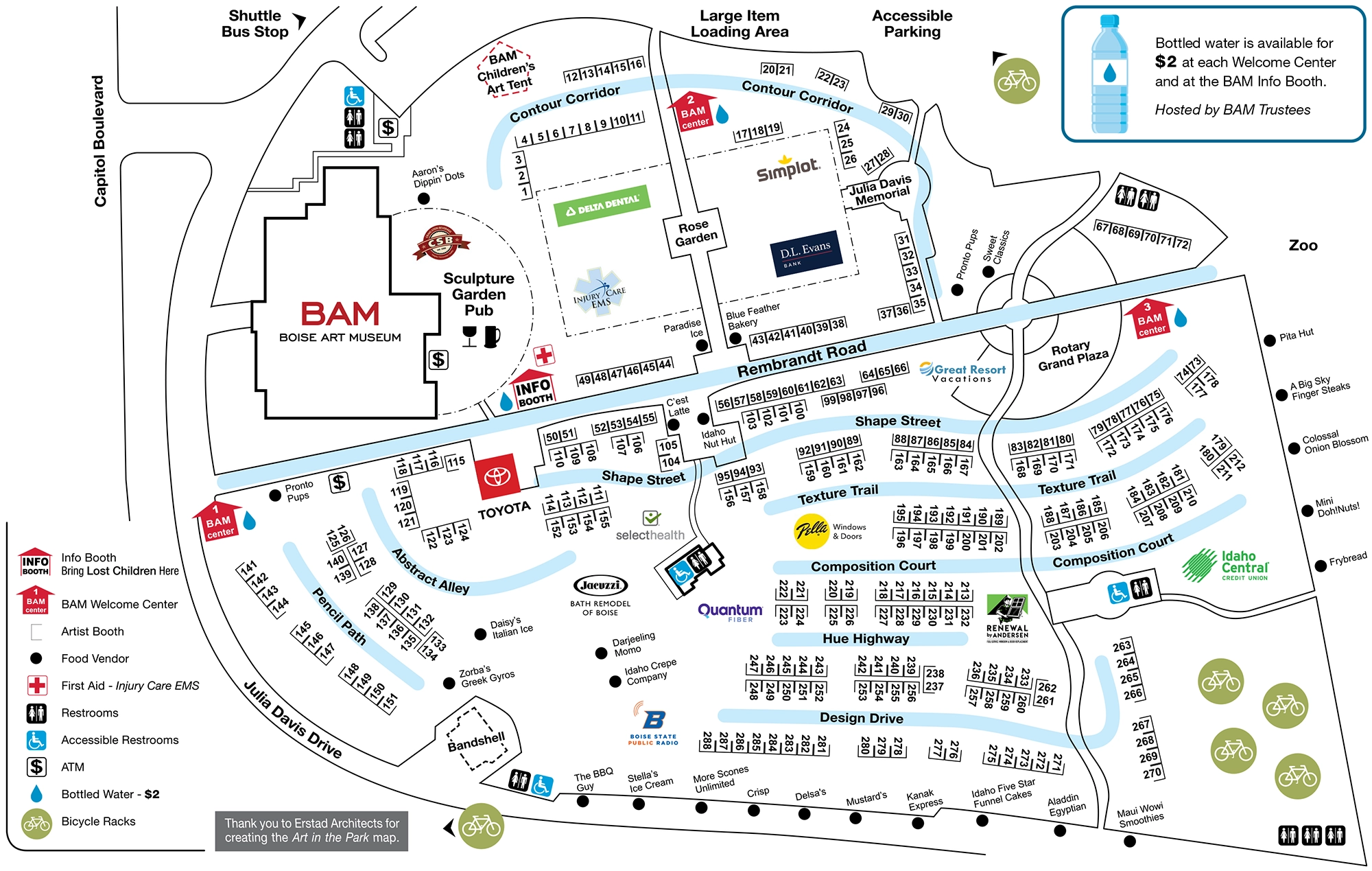 The event map for Art in the Park, showing the locations of the Info booth, BAM Welcome Centers, artist booths, food vendors, first aid, restrooms, ATMs, the Bandshell, bottled water, and bike racks.