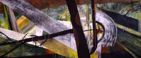 A twelve-foot-wide, horizontal, abstract painting features layers of thick lines and arcs, with visible brushstrokes and dripping paint. The background is a blur of dark green and brown tones. Brighter overlapping lines of color in white, yellow, light green, and orange, appear in the center, including a thick white arc on the right. A prominent, dark brown, vertical shape crosses the painting near the center, leaning slightly to the left. Additional brown lines at various angles connect to the larger shape, like the branches of a tree.